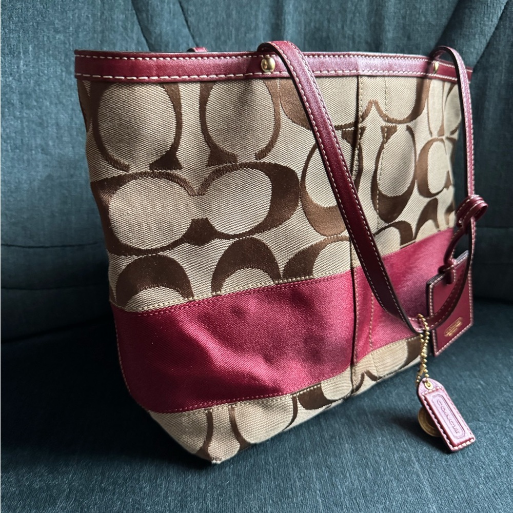 Coach Tan and Burgundy Signature bag